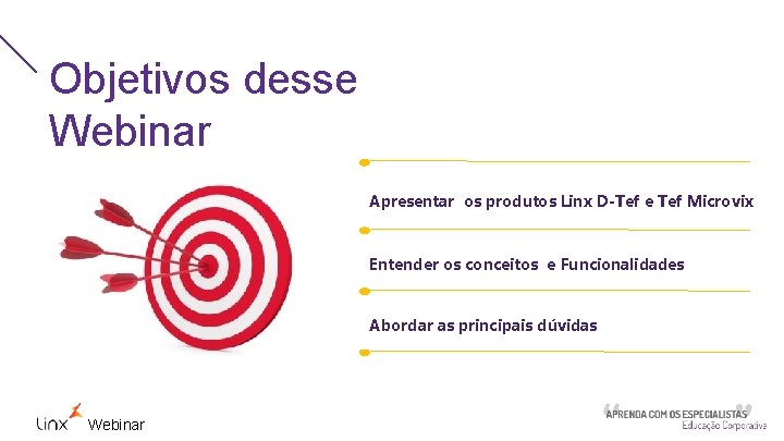 Objetivos desse Webinar Apresentar os produtos Linx D-Tef e Tef Microvix Entender os conceitos