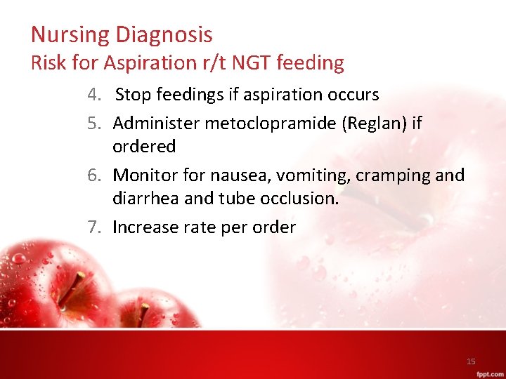 Nursing Diagnosis Risk for Aspiration r/t NGT feeding 4. Stop feedings if aspiration occurs