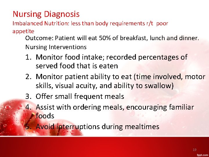 Nursing Diagnosis Imbalanced Nutrition: less than body requirements r/t poor appetite Outcome: Patient will