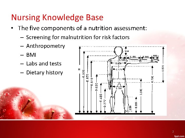 Nursing Knowledge Base • The five components of a nutrition assessment: – – –