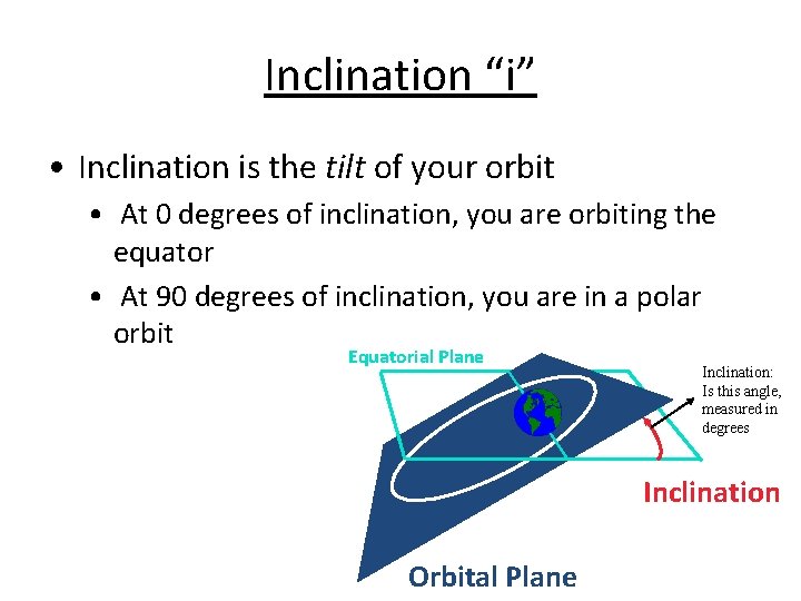 Inclination “i” • Inclination is the tilt of your orbit • At 0 degrees
