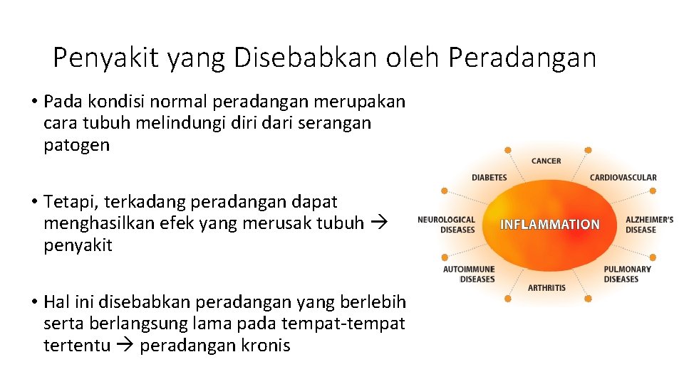 Penyakit yang Disebabkan oleh Peradangan • Pada kondisi normal peradangan merupakan cara tubuh melindungi