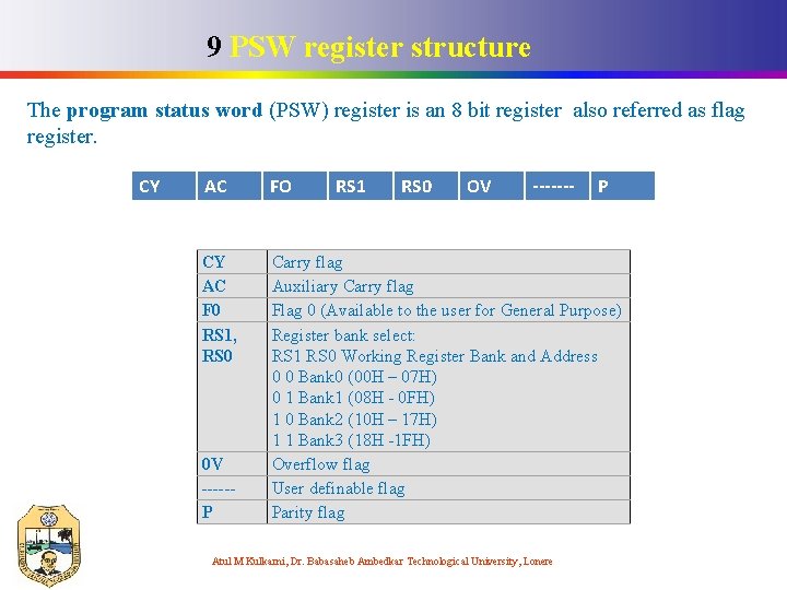 9 PSW register structure The program status word (PSW) register is an 8 bit