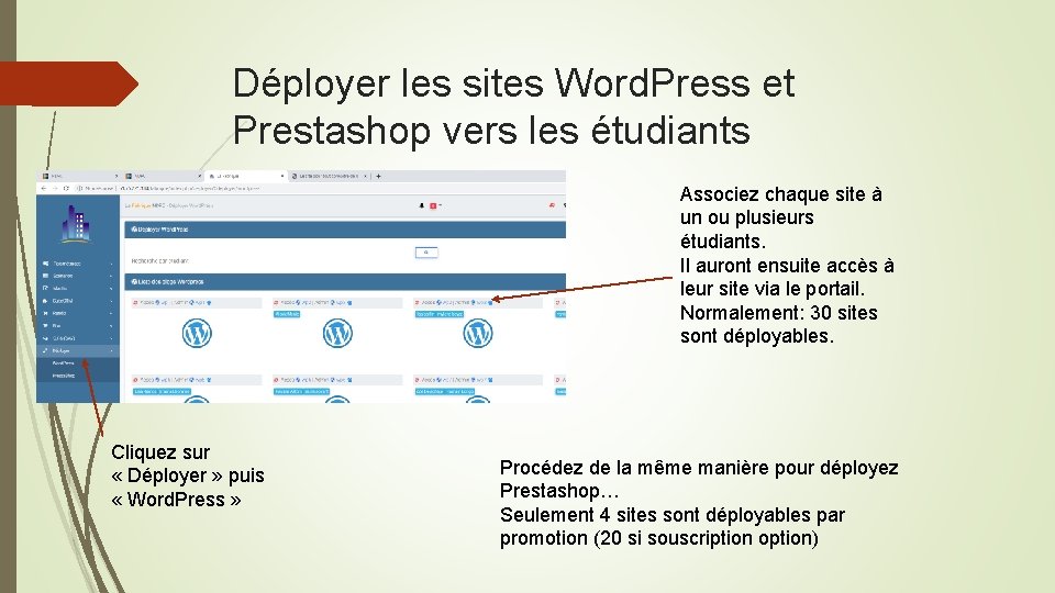 Déployer les sites Word. Press et Prestashop vers les étudiants Associez chaque site à