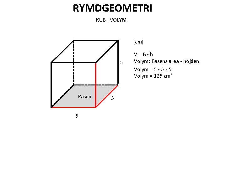 RYMDGEOMETRI KUB - VOLYM (cm) 5 Basen 5 5 V=B*h Volym: Basens area *