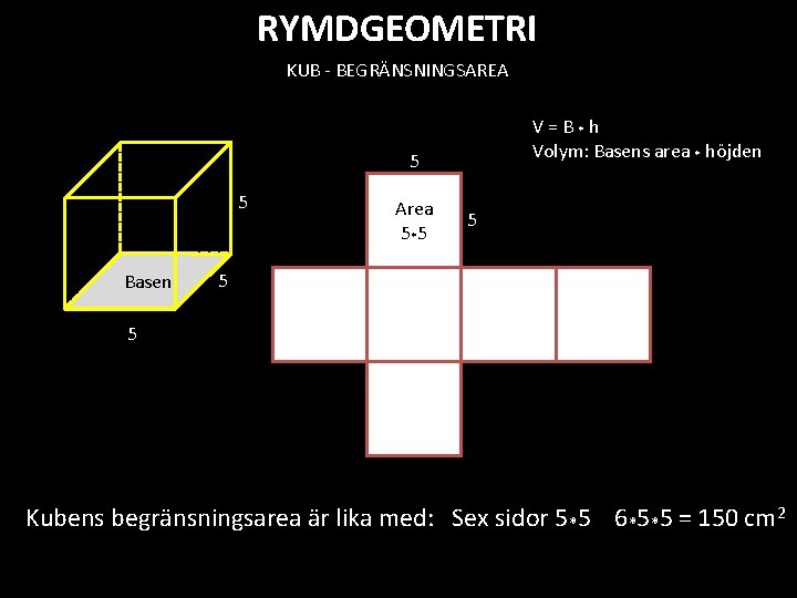 RYMDGEOMETRI KUB - BEGRÄNSNINGSAREA V=B*h Volym: Basens area * höjden 5 5 Basen Area