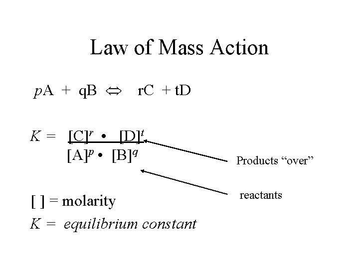 Law of Mass Action p. A + q. B r. C + t. D