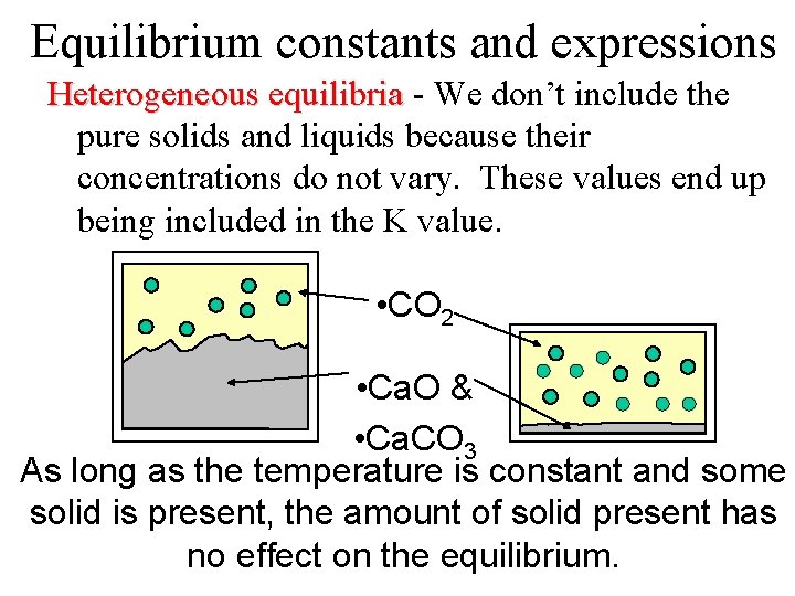 Equilibrium constants and expressions Heterogeneous equilibria - We don’t include the pure solids and