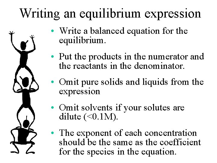 Writing an equilibrium expression • Write a balanced equation for the equilibrium. • Put