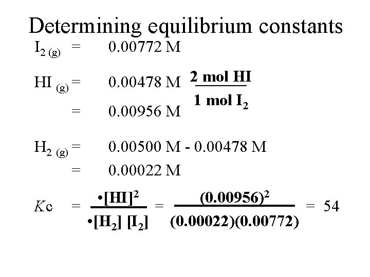 Determining equilibrium constants I 2 (g) = 0. 00772 M HI (g) = 0.