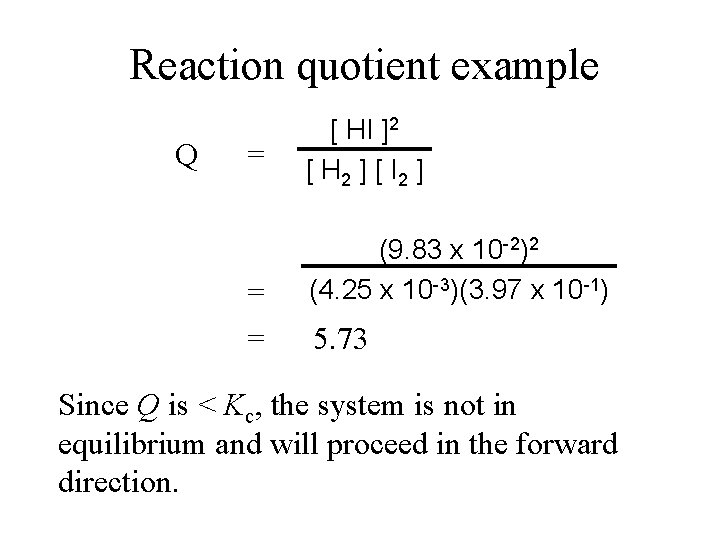 Reaction quotient example Q = = = [ HI ]2 [ H 2 ]