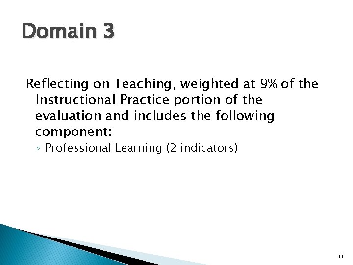 Domain 3 Reflecting on Teaching, weighted at 9% of the Instructional Practice portion of