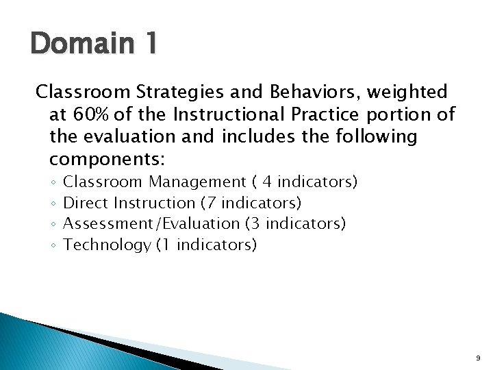 Domain 1 Classroom Strategies and Behaviors, weighted at 60% of the Instructional Practice portion
