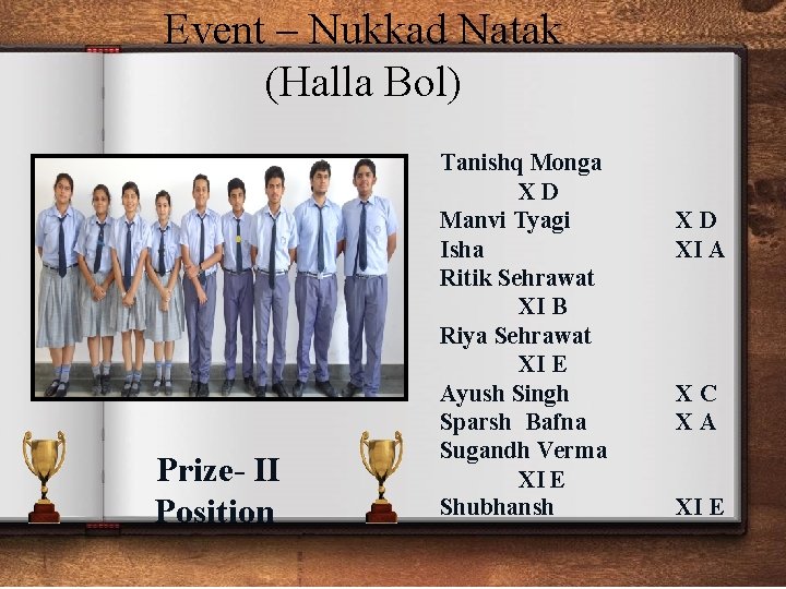 Event – Nukkad Natak (Halla Bol) Prize- II Position Tanishq Monga XD Manvi Tyagi