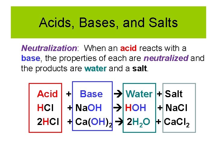 Acids, Bases, and Salts Neutralization: When an acid reacts with a base, the properties