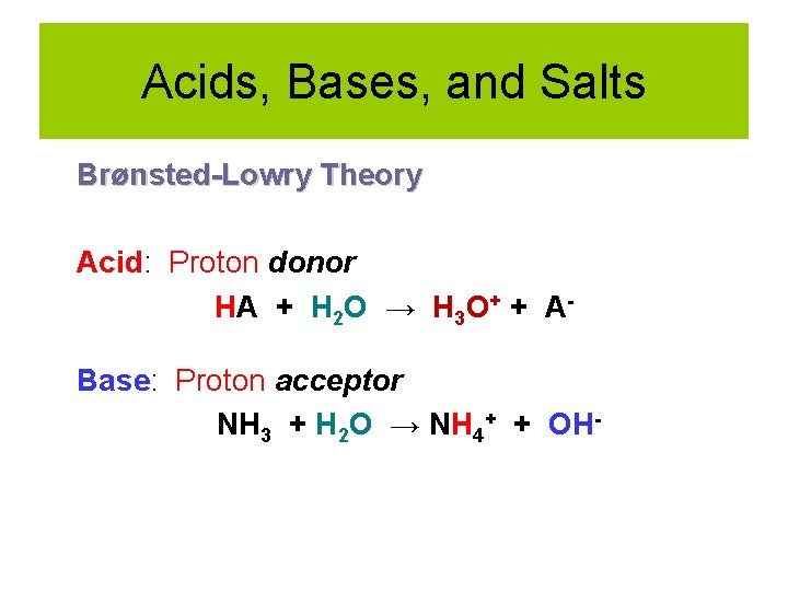 Acids, Bases, and Salts Brønsted-Lowry Theory Acid: Proton donor HA + H 2 O