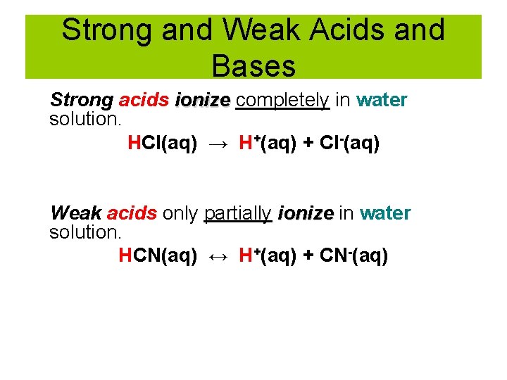 Strong and Weak Acids and Bases Strong acids ionize completely in water solution. HCl(aq)