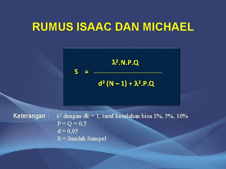 RUMUS ISAAC DAN MICHAEL S = 2. N. P. Q d 2 (N –