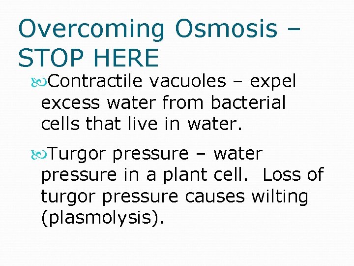 Overcoming Osmosis – STOP HERE Contractile vacuoles – expel excess water from bacterial cells