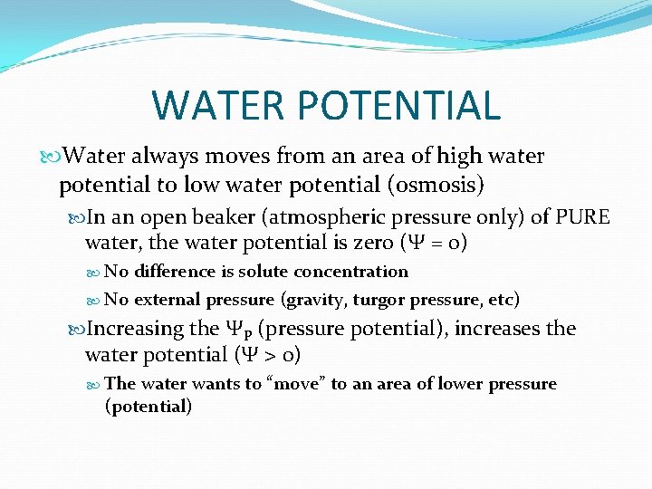 WATER POTENTIAL Water always moves from an area of high water potential to low