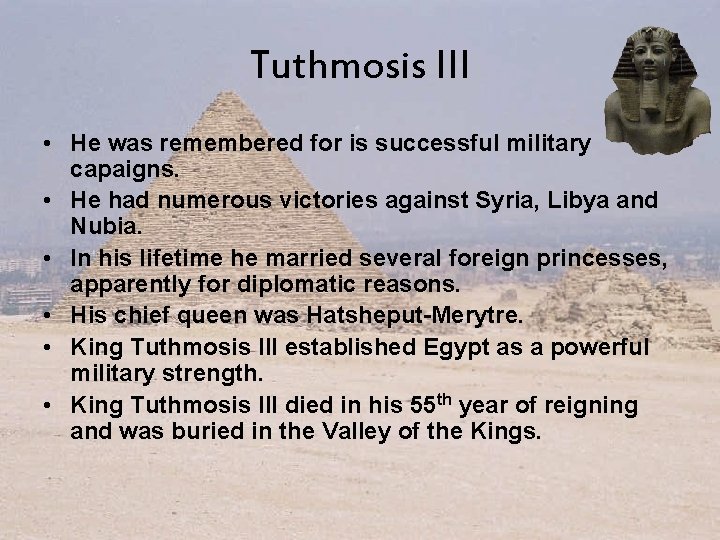 Tuthmosis III • He was remembered for is successful military capaigns. • He had