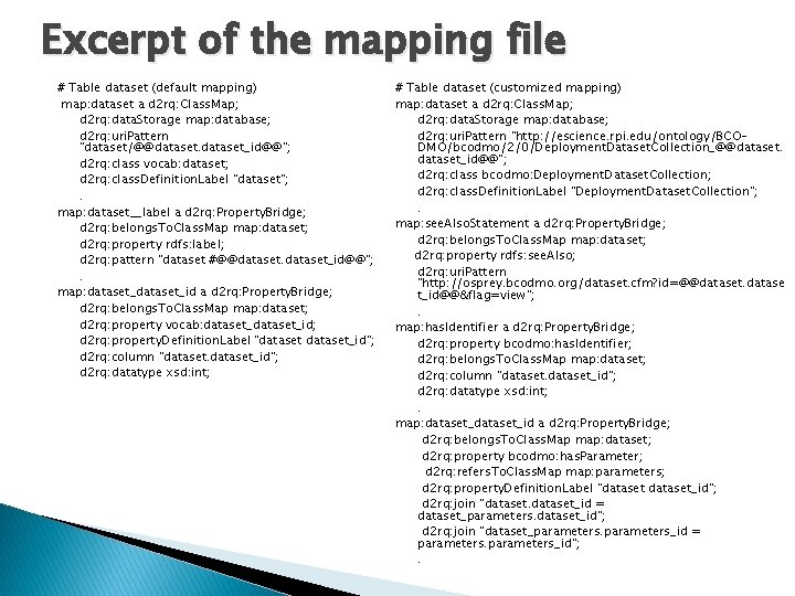 Excerpt of the mapping file # Table dataset (default mapping) map: dataset a d