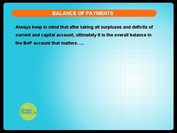 BALANCE OF PAYMENTS Always keep in mind that after taking all surpluses and deficits