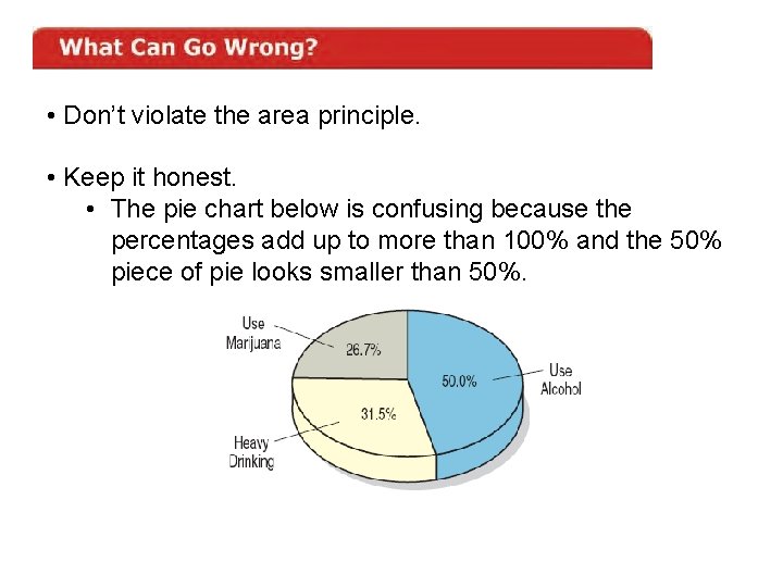 • Don’t violate the area principle. • Keep it honest. • The pie • Don’t violate the area principle. • Keep it honest. • The pie