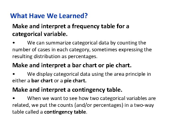 What Have We Learned? Make and interpret a frequency table for a categorical variable. What Have We Learned? Make and interpret a frequency table for a categorical variable.