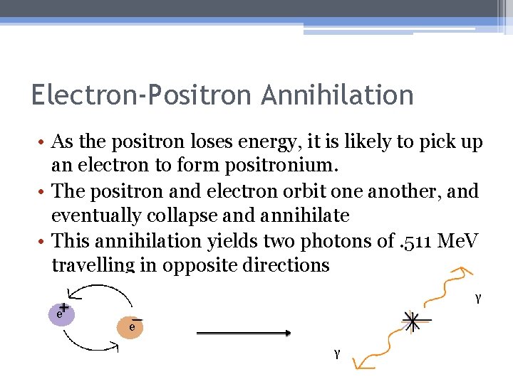 Electron-Positron Annihilation • As the positron loses energy, it is likely to pick up