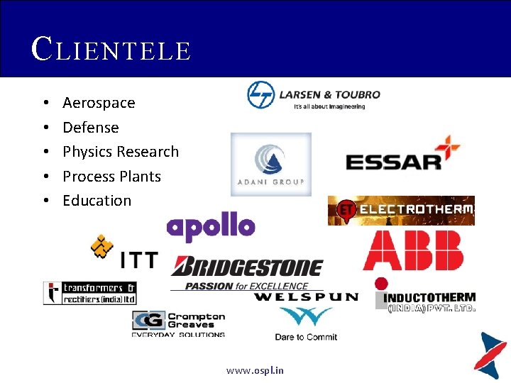 C LIENTELE • • • Aerospace Defense Physics Research Process Plants Education www. ospl.