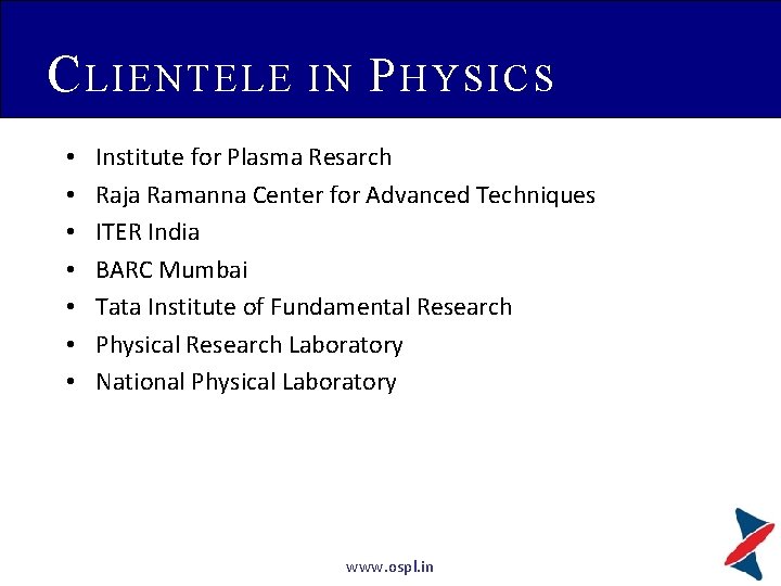 C LIENTELE • • IN P HYSICS Institute for Plasma Resarch Raja Ramanna Center