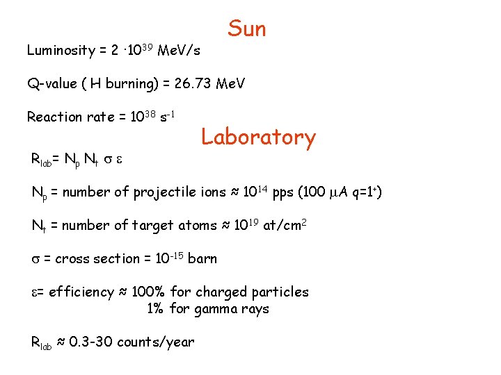 Sun Luminosity = 2 · 1039 Me. V/s Q-value ( H burning) = 26.