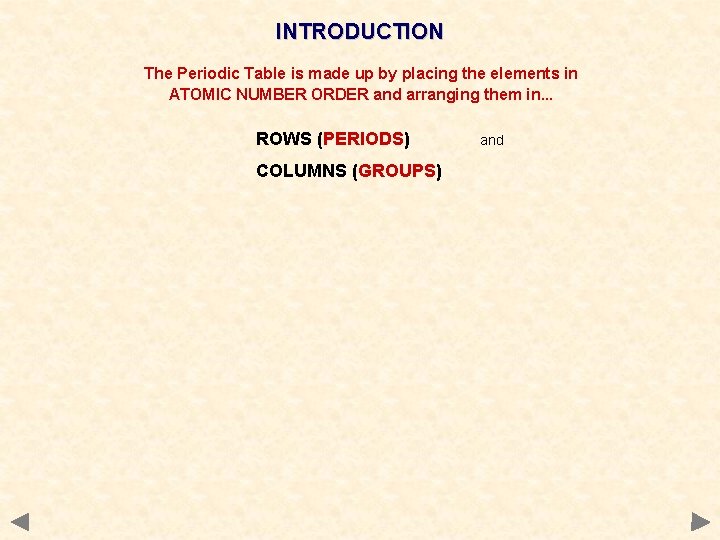 INTRODUCTION The Periodic Table is made up by placing the elements in ATOMIC NUMBER