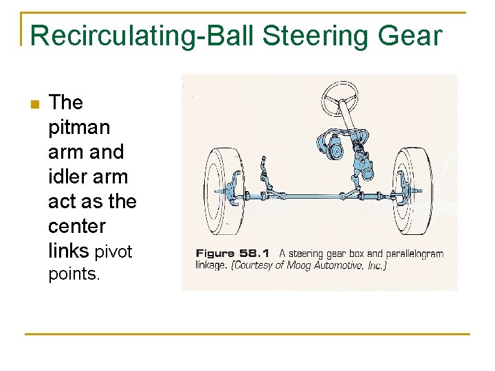 Recirculating-Ball Steering Gear n The pitman arm and idler arm act as the center