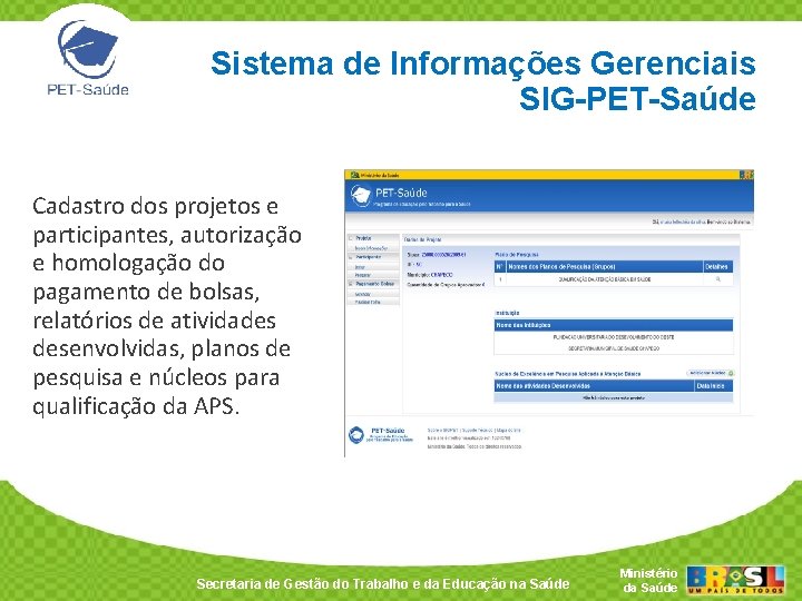 Sistema de Informações Gerenciais SIG-PET-Saúde Cadastro dos projetos e participantes, autorização e homologação do