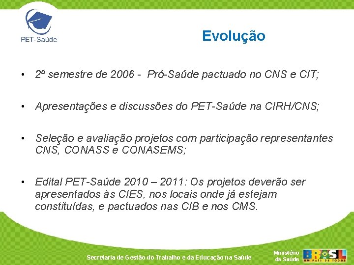 Evolução • 2º semestre de 2006 - Pró-Saúde pactuado no CNS e CIT; •