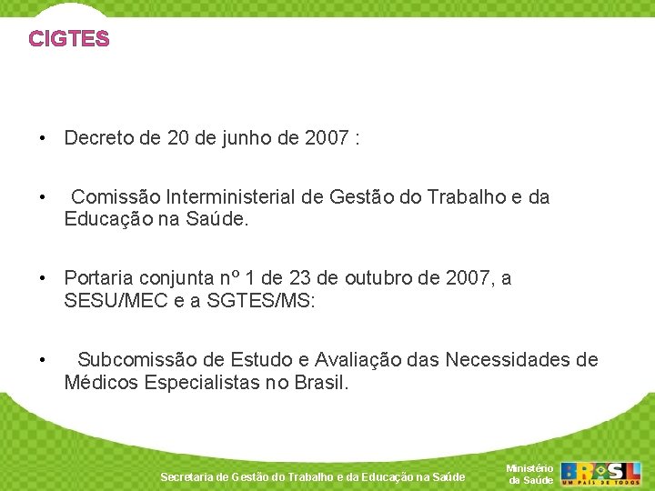 CIGTES • Decreto de 20 de junho de 2007 : • Comissão Interministerial de