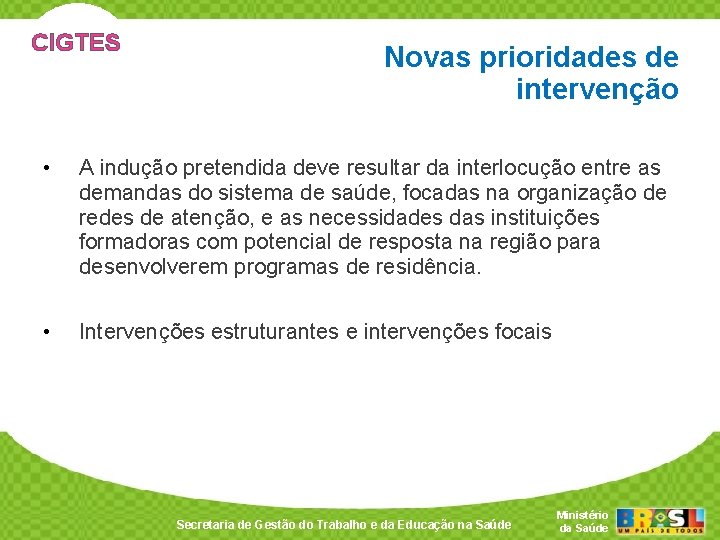 CIGTES Novas prioridades de intervenção • A indução pretendida deve resultar da interlocução entre