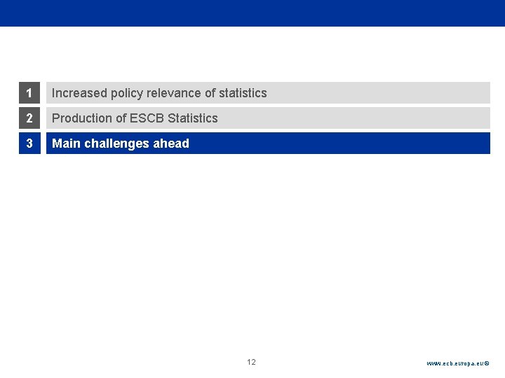 Rubric 1 Increased policy relevance of statistics 2 Production of ESCB Statistics 3 Main