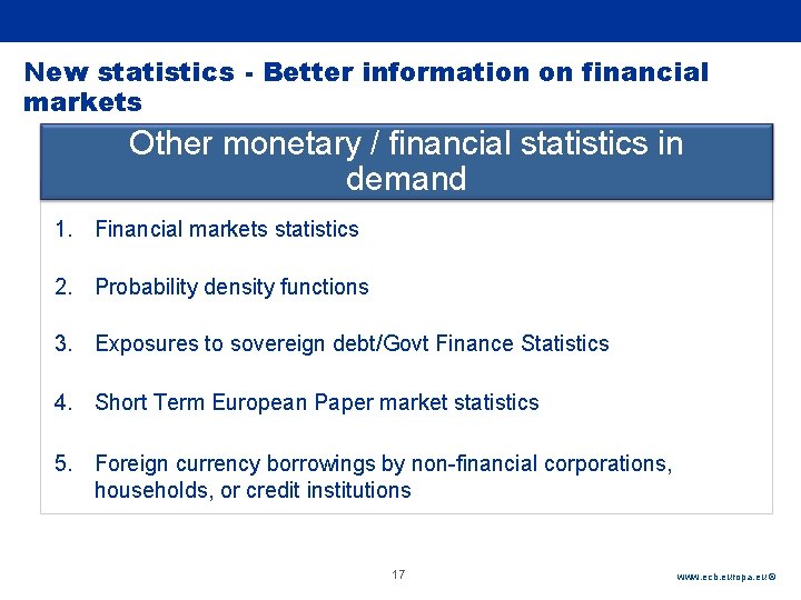 Rubric New statistics - Better information on financial markets Other monetary / financial statistics