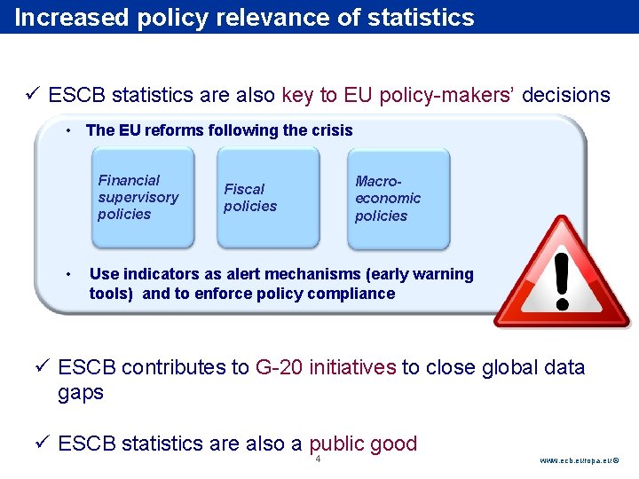 Rubric Increased policy relevance of statistics ü ESCB statistics are also key to EU