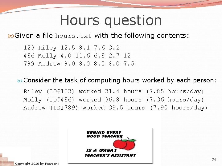 Hours question Given a file hours. txt with the following contents: 123 Riley 12.