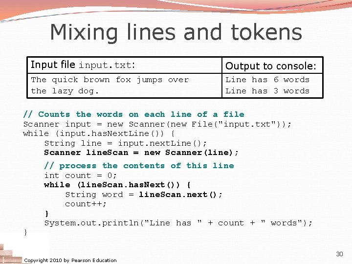 Mixing lines and tokens Input file input. txt: Output to console: The quick brown