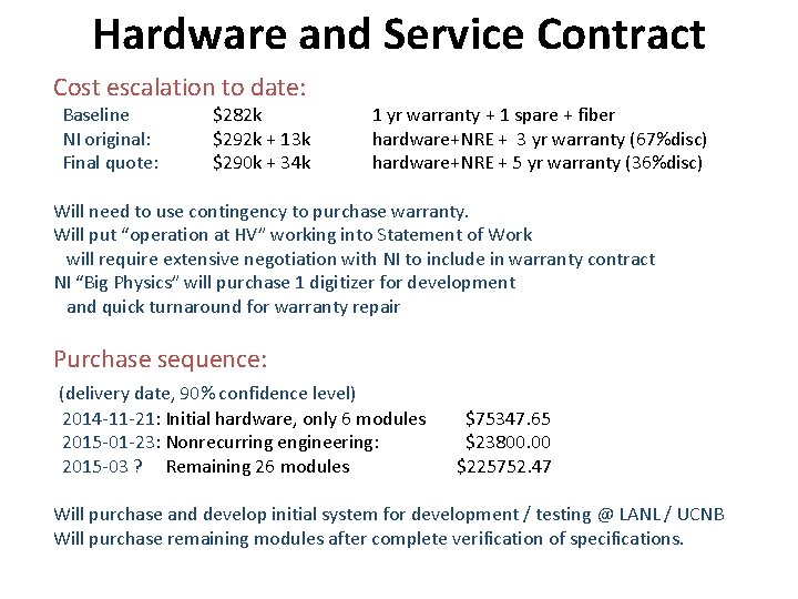 Hardware and Service Contract Cost escalation to date: Baseline NI original: Final quote: $282