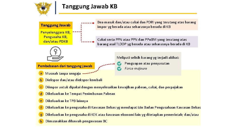 Tanggung Jawab KB Tanggung Jawab Penyelenggara KB, Pengusaha KB, dan/atau PDKB Bea masuk dan/atau