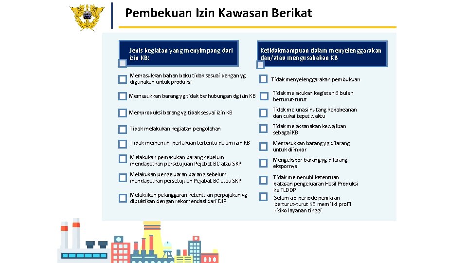 Pembekuan Izin Kawasan Berikat Jenis kegiatan yang menyimpang dari izin KB: Ketidakmampuan dalam menyelenggarakan