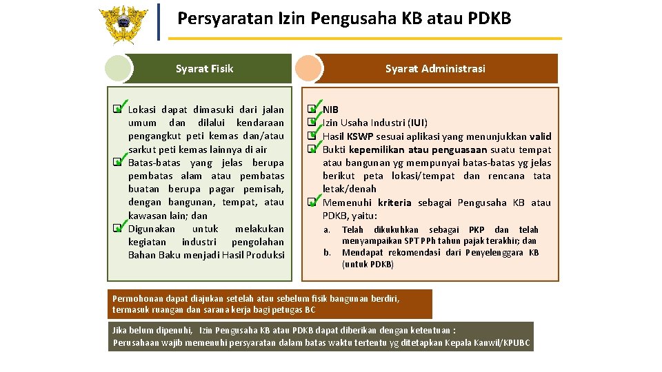 Persyaratan Izin Pengusaha KB atau PDKB Syarat Administrasi Syarat Fisik q Lokasi dapat dimasuki