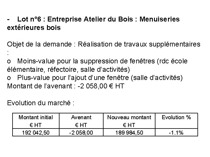 - Lot n° 6 : Entreprise Atelier du Bois : Menuiseries extérieures bois Objet