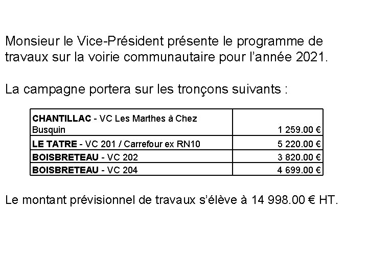 Monsieur le Vice-Président présente le programme de travaux sur la voirie communautaire pour l’année